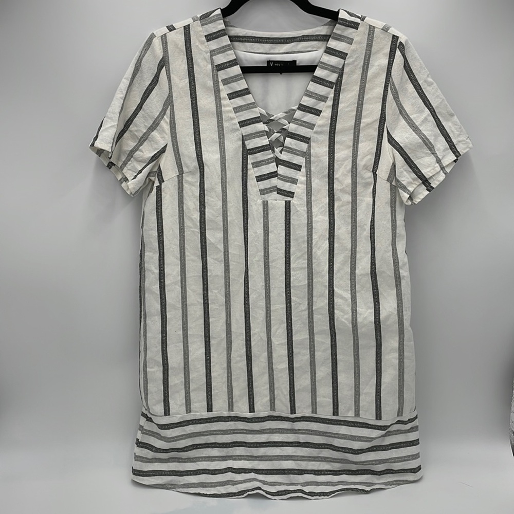 Very J Grey & White Striped Cotton Tunic Dress Size L